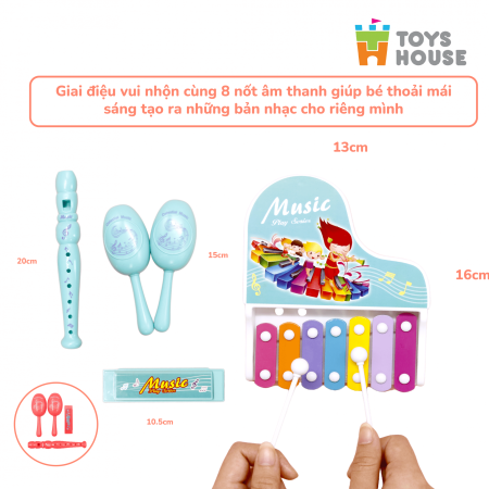 Đồ chơi đàn gõ Xylophone kèm sáo, lục lạc, kèn harmonica cho bé ToyHouse 682-9 - Màu Đỏ