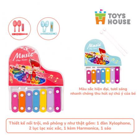Đồ chơi đàn gõ Xylophone kèm sáo, lục lạc, kèn harmonica cho bé ToyHouse 682-9 - Màu Đỏ