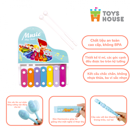 Đồ chơi đàn gõ Xylophone kèm sáo, lục lạc, kèn harmonica cho bé ToyHouse 682-9 - Màu Đỏ