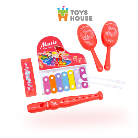 Đồ chơi đàn gõ Xylophone kèm sáo, lục lạc, kèn harmonica cho bé ToyHouse 682-9 - Màu Đỏ