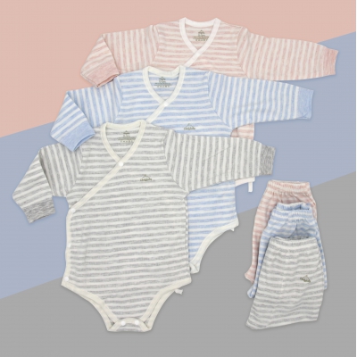 Set Bodysuit sơ sinh 5 món ComfyBaby CF1020-BODY-03M (quần áo dài, bao tay chân, mũ) 100% Cotton kẻ sọc màu xanh 