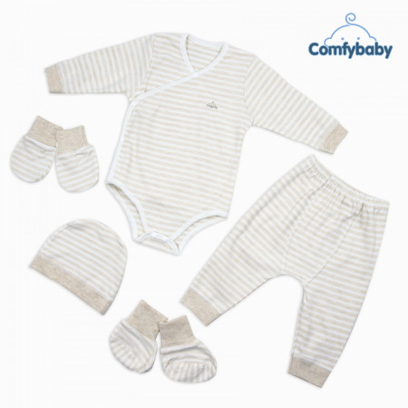 Set Bodysuit sơ sinh 5 món (quần áo dài, bao tay chân, mũ) kẻ sọc 100% Cotton CF0721-BODY-SET5 Comfybaby ( loại mỏng)