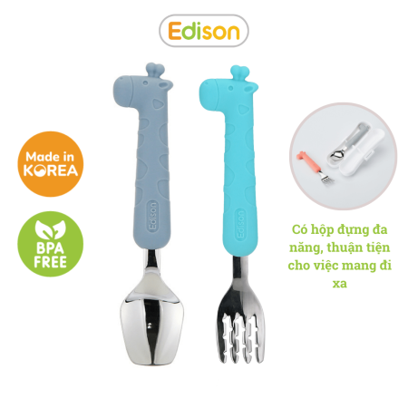Bộ thìa dĩa cho bé tập ăn chất liệu inox bọc Silicon Edison Hàn Quốc dành cho bé từ 18 tháng tuổi 5318 - 5325