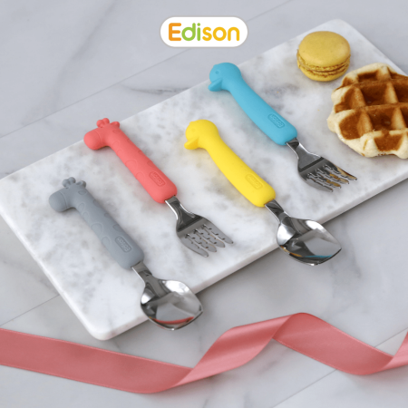 Bộ thìa dĩa cho bé tập ăn chất liệu inox bọc Silicon Edison Hàn Quốc dành cho bé từ 18 tháng tuổi 5318 - 5325