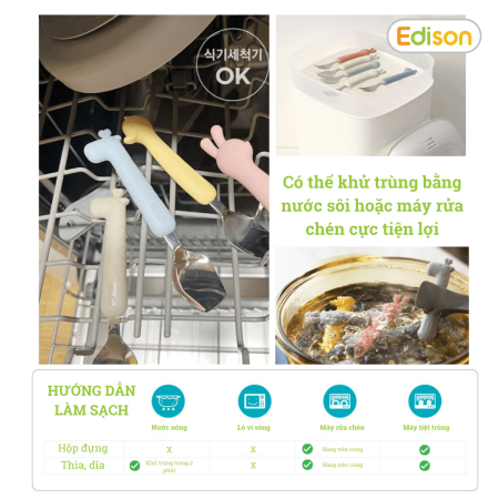 Bộ thìa dĩa cho bé tập ăn chất liệu inox bọc Silicon Edison Hàn Quốc dành cho bé từ 18 tháng tuổi 5318 - 5325